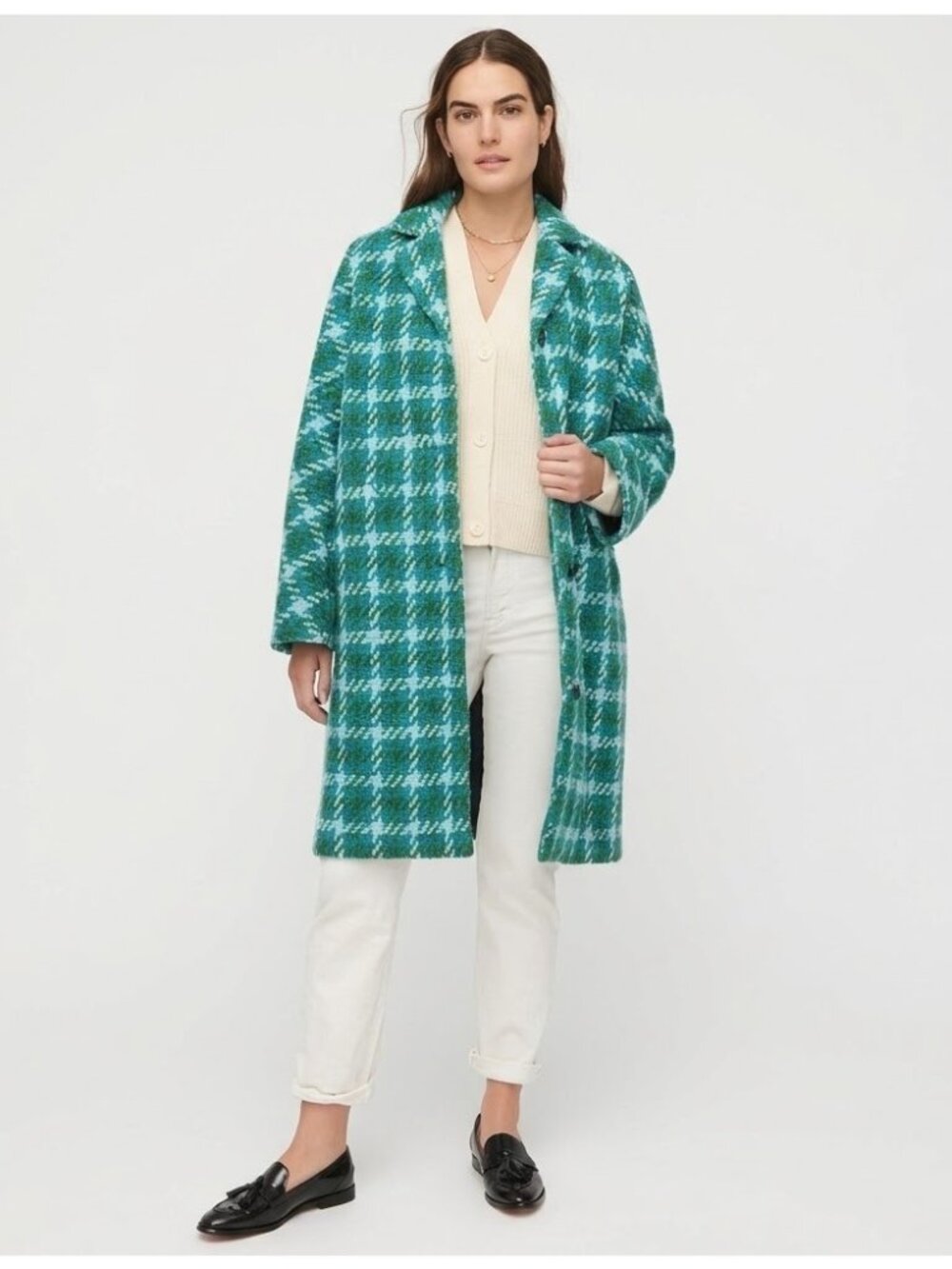 NWT J.Crew Car Coat in Teal Green Houndstooth Plaid Italian Wool Relaxed Fit XS